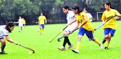 A match in progress in the Major Dhyan Chand Memorial Girls Inter-school Hockey Tournament in Dehradun