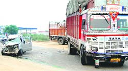 The mangled remains of a car that collided head-on with a truck on the Jalandhar-Jammu highway in Bhogpur, near Jalandhar