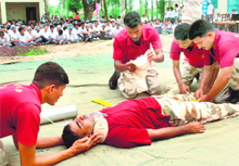A National Disaster Response Force team gives training to students in Rajpura on Tuesday