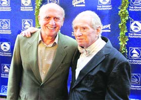 Rock n Roll songwriters Jerry Leiber (right) and Mike Stoller pose at the Grammy Foundations Starry Night gala in Los Angeles, California, in this July 12, 2008, photograph