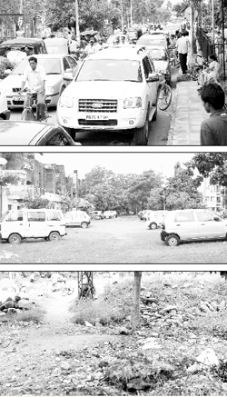 Wrong parking causes traffic jam; (below) a park being used as a car parking space