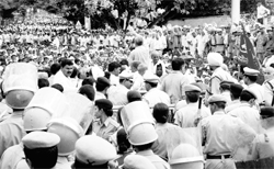 A police party stops protesters on the Panchkula-Chandigarh border on Wednesday