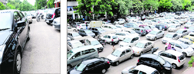 Yellow stripes marking designated fire zones in a Sector 17 parking lot in Chandigarh have vanished