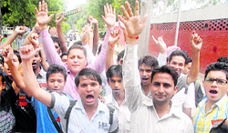 Supporters of ABVP take out an election rally at Postgraduate Government College, Sector 11, Chandigarh