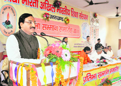 Uttarakhand Chief Minister Ramesh Pokhriyal Nishank speaks at a function at Saraswati Shishu Vidya Mandir in Haridwar on Wednesday. 
