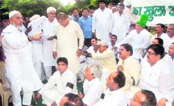 INLD MLAs hold a mock session outside the Haryana Vidhan Sabha in Chandigarh