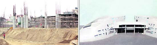 The under-construction building of the Northern Indian Institute of Fashion Technology (NIIFT) at Surya Enclave in Jalandhar and (right) a model of the building in the shape of a shoe