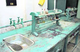 A broken washbasin in the Chemistry laboratory at Government Boys Senior Secondary School, Bhargo Camp, Jalandhar