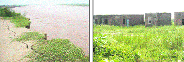 The recent floods in the Tawi have washed away large tracts of agriculture land in RS Pura; and (right) a deserted locality in Jassore village in Jammu. 