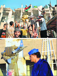 Rebels celebrate after overrunning Muammar Gaddafis Bab al-Azizya compound (top) in Tripoli on Tuesday; and (below) a picture dated Feb 5, 2011, of the Libyan leader with the iconic golden fist statue in the background, depicting a fist crushing a US jet fighter after Gaddafis former residence was bombed in 1986 by US aircraft.
