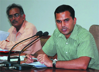 Deputy Commissioner KK Yadav addresses mediapersons in Bathinda on Thursday. 