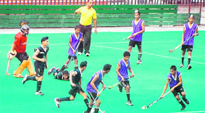 A match in progress between Mehta Hockey Academy and Shivalik Public School, Mohali, at Hockey Stadium, Sector 42, Chandigarh