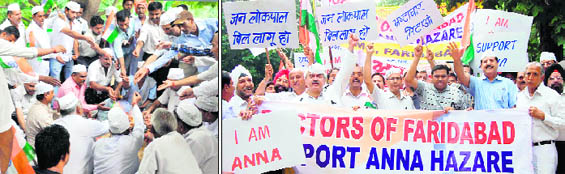 Residents perform a yagna in support of Anna Hazares campaign; and doctors raise banners in support of the movement in Faridabad