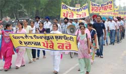 Members of the Computerised Land Records Employees Welfare Association  hold a protest march in Bathinda 