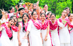 Members of the student council of Government Home Science College, Sector 10, in a jubilant mood after the oath-taking ceremony in Chandigarh on Friday