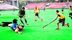 A match in progress during the ONGC SN Vohra Memorial Hockey Tournament in Chandigarh on Friday