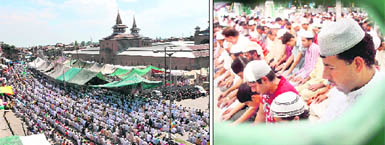 People offer prayers at the Jamia Masjid in Srinagar on Friday (left); and devotees at the Khatikaan Talaab mosque in Jammu