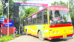 A bus of Jalandhar MC comes out of the office of the traffic police after cops challan six city buses for violation of traffic norms. 