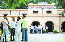 Councillors at the Jalandhar Cantonment Board office after the annual budget meeting was postponed on Friday. 