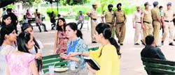 Police officials take a round of the Student Centre to maintain peace during election time in Panjab University 