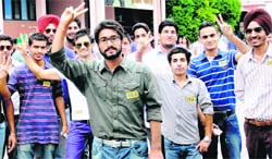 Balkaran Singh (in front), president of the Indian Students Association, with his supporters at DAV College in Chandigarh