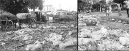 The entrance to the Nehru Colony in Sector 52, which is often crowded with rehris of the colony residents, is located right next to the residential area; and (right) garbage and plastic bags strewn on the entrance of of Phase III-A in Mohali.
