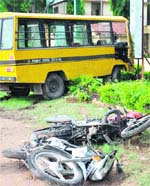 The school van and the motorcycle that were involved in an accident on the Panchkula-Ramgarh road, resulting in the death of an ITBP jawan 