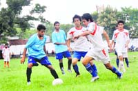 A match in progress in the Lala Nemi Dass Memorial District Football Tournament in Dehradun
