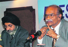 RP Singh, Chief Managing Director, Sutlej Jal Vidyut Nigam, addresses mediapersons in Shimla on Saturday. 