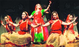 Students performing at the Saraswati Puja function held to mark the 125th anniversary of KMV College at its premises in Jalandhar on Saturday.
