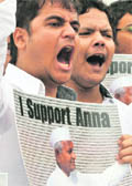 Supporters of Anna Hazare shout slogans during a rally in Hyderabad 