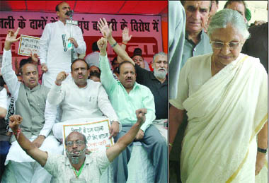 BJP leaders and activists protest against the 22 per cent hike in electricity tariff outside the Legislative Assembly on Monday. (Right) Chief Minister Sheila Dikshit on the way to the Assembly. 