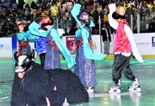 Artistes from Ladakh present a colourful dance at the inaugural function of the Doon Ice-Skating Carnival in Dehradun on Monday. 