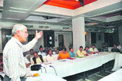 BP Maithani, member of the state Planning Commission, at a workshop on panchayati raj insititutions held in Dehradun on Monday. 