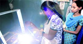 Girls learn welding at the ITI College, Gill Road, in Ludhiana.