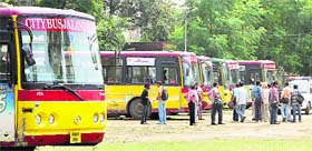 The fleet of city buses impounded by the traffic police for violating traffic rules on Tuesday