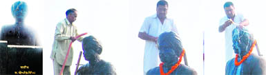 (From left to right ) Late Chief Minister Beant Singhs bust smeared with dirt and birds droppings, 2. A gardener washing the bust with the help of a hose, 3. A Congress worker garlanding the bust 4. The forgotten ceremony of bathing the bust with milk being performed at the end.