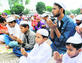 Muslims offer Eid al-Fitr prayers at the Sector-20 Jama Masjid in Chandigarh on Wednesday to mark the end of Ramadan, the holiest month in the Islamic calendar.