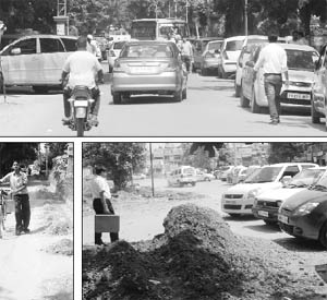 (Clockwise from top) Cars parked on both sides of the road outside the district court complex causes inconvenience to commuters; visitors park cars haphazardly at a market; and a cyclist walks along a garbage-strewn road at Phase IIIB2 in Mohali.