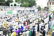 Muslims offer morning namaz at Idgah on Id-ul-Fitr in Dehradun on Wednesday.