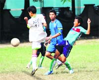 A match in progress in the Senior Council Football Tournament in Dehradun on Wednesday. 