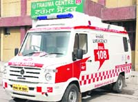 An ambulance parked at the Civil Hospital in Jalandhar. Tribune Photo: Sarabjit Singh