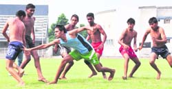 A kabaddi match between Doraha and Dehlon in progress during Panchayat Yuva Krida and Kel Abhiyan Games at Guru Nanak Stadium in Ludhiana. 