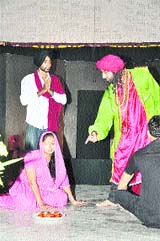 A play Baba Loi Canada staged at Dr Ishwar Singh Memorial Hall, in Ludhiana, on Wednesday.