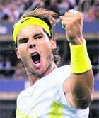 Rafael Nadal celebrates his 6-3, 7-6, 7-5 victory over Andrey Golubev in the first round of the US Open in New York. 