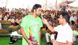 Manpreet Singh Gony speaks after receiving the Player of the Tournament award in the True Trophy T-20 cricket in Sirsa