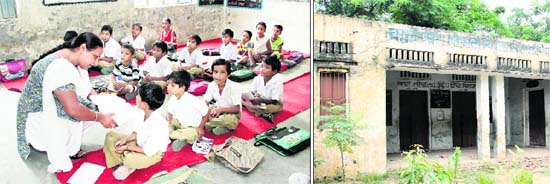 In the absence of furniture, students have to squat on the floor and (right) the building of Kot Sadiq Elementary School
