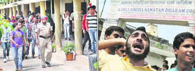 Cops take a round of Kamla Lotia Sanatan Dharam College in Ludhiana  where students clashed on Thursday; (and right)  students of the college raise slogans against the college authorities for providing them poor security on the campus. 