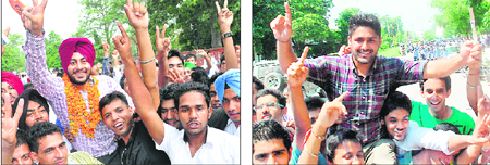 (Right) SOPU supporters lift Rattan Deep Singh, who was elected president, outside GGDSD College, Sector 32, Chandigarh, on Friday. Tribune photo: Nitin Mittal; and (left) PUSU-SOI supporters in a jubilant mood after Hardeep Singh was declared president of DAV College, Sector 10, Chandigarh