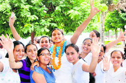 Davinderjit Kaur, who was elected president of Guru Gobind Singh College for Girls, Sector 26, Chandigarh, celebrate with friends